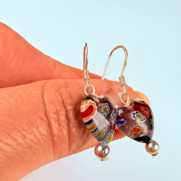 Blown Lamp Work Murano Glass Heart Beads Sterling Silver Vintage 1.2" Earrings - Picture 5 of 7